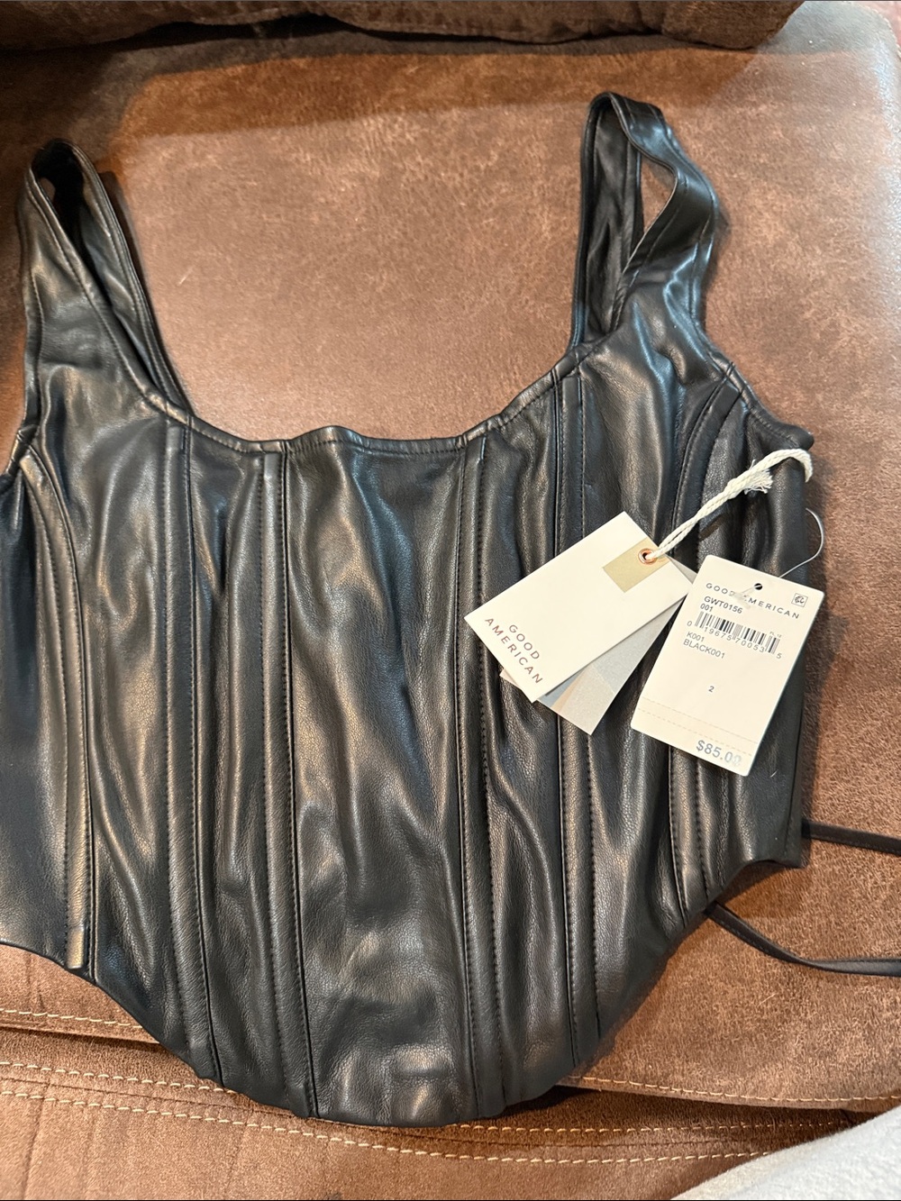 Good American Black Faux Leather Corset-Style Tank